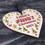 Cute Personalised Baby's First 1st Christmas Bauble Wood Heart