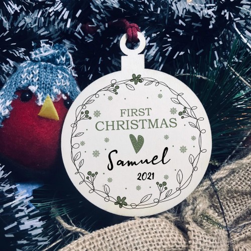 Baby Boys 1st First Christmas Bauble Personalised Wood Decor