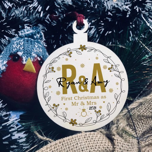 Personalised Initial First Christmas As Mr & Mrs Bauble Decor