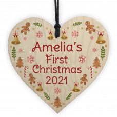 Personalised 1st Christmas Bauble New Baby Wood Heart Decoration