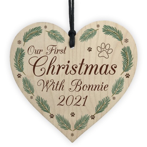 1st Christmas With Dog Puppy Wood Heart Bauble Personalised