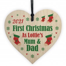 Mum Dad First Christmas Bauble Personalised Wooden Heart