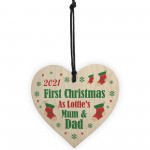 Mum Dad First Christmas Bauble Personalised Wooden Heart