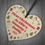 Mummy Daddy First Christmas Bauble Personalised Wooden Heart