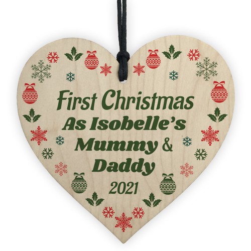 1st Christmas As Mummy Daddy Wooden Heart Personalised