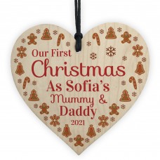 1st Christmas As Mummy And Daddy Baby Wooden Heart Personalised