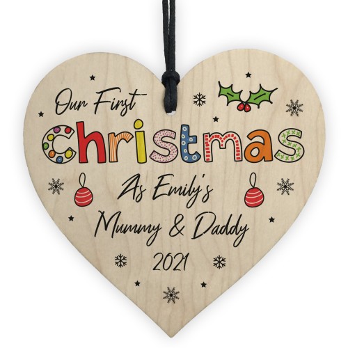 1st Christmas As Any Names Mummy Daddy Wooden Heart