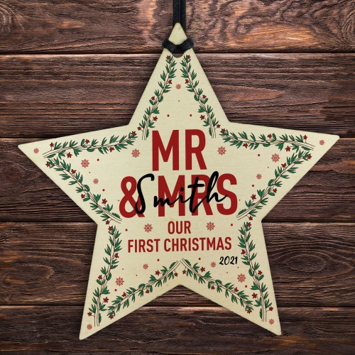 1st Christmas As Mr And Mrs Personalised Wood Star Tree Decor