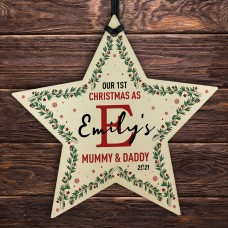 Personalised 1st Christmas As Mummy Daddt Wood Star Tree Decor