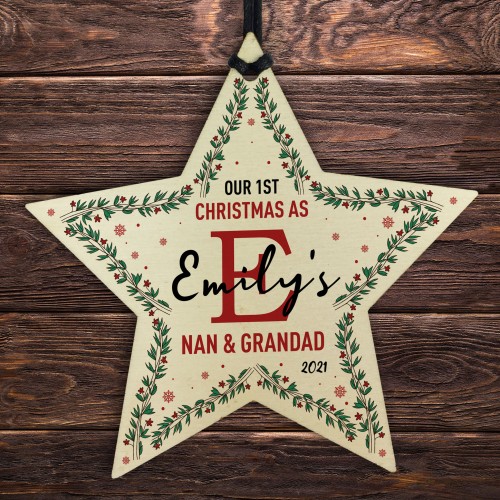 Personalised 1st Christmas As Nan And Grandad Wood Star
