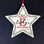 Personalised 1st Christmas As Nan And Grandad Wood Star