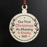 First Christmas As Mummy And Daddy Wood Bauble Personalised