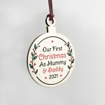 First Christmas As Mummy And Daddy Wood Bauble Personalised