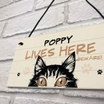 Any Name Cat Sign LIVES HERE Personalised Pet Sign Beware