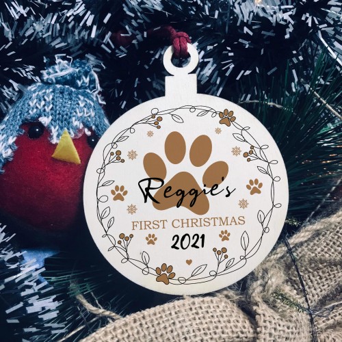 1st Christmas With Dog Wooden Christmas Bauble Personalised
