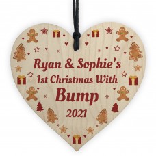 Bumps 1st Christmas Personalised Mum Dad Gift Wood Heart