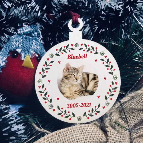 Cat Memorial Sign Personalised Photo Wood Christmas Tree Bauble