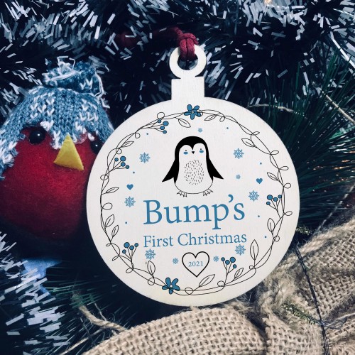 Bumps First Christmas Wooden Hanging Bauble Mum Dad Gift Penguin