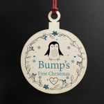 Bumps First Christmas Wooden Hanging Bauble Mum Dad Gift Penguin