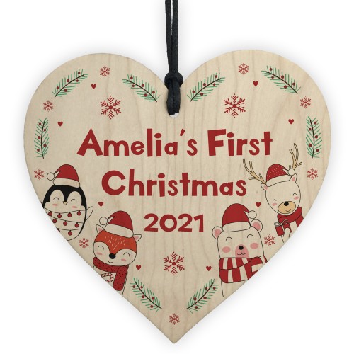 Personalised First Christmas Wood Bauble Hanging Heart New Baby