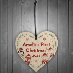 Personalised First Christmas Wood Bauble Hanging Heart New Baby