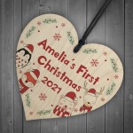 Personalised First Christmas Wood Bauble Hanging Heart New Baby