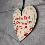 Personalised First Christmas Wood Bauble Hanging Heart New Baby