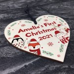 Personalised First Christmas Wood Bauble Hanging Heart New Baby
