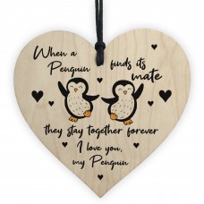 Penguin Gift For Husband Wife Girlfriend Boyfriend Wood Heart