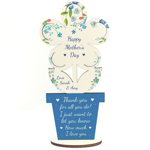 Personalised Mothers Day Gift Wood Flower Thank You Mum Mummy