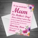 Wonderful Mum Mothers Day Card Love Poem Quality Card For Mum