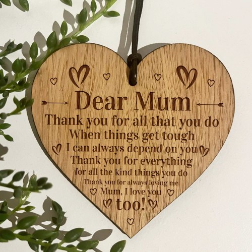 Engraved Mum Heart Oak Wooden Plaque Gift For Mum Birthday 