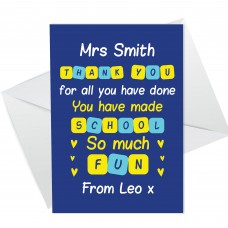 Thank You Teacher Greetings Card Appreciation Card Personalised