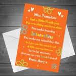 Personalised Teacher Thank You Card Teacher Card School Leavers 