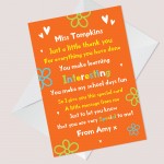 Personalised Teacher Thank You Card Teacher Card School Leavers 