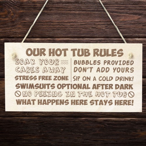 Wooden Hot Tub Rules Hanging Wall Sign Garden Shed Novelty