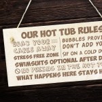 Wooden Hot Tub Rules Hanging Wall Sign Garden Shed Novelty