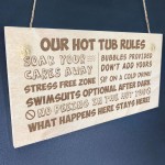 Wooden Hot Tub Rules Hanging Wall Sign Garden Shed Novelty