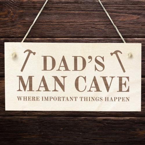 Dads Man Cave Sign Hanging Wood Plaque Gift For Dad Birthday