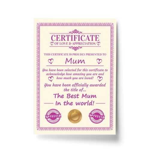 Mum Gift Birthday Christmas Gift Present Mum A4 Certificate