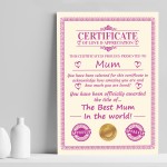 Mum Gift Birthday Christmas Gift Present Mum A4 Certificate
