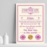 Nan Gift Birthday Christmas Gift Present Nan A4 Certificate