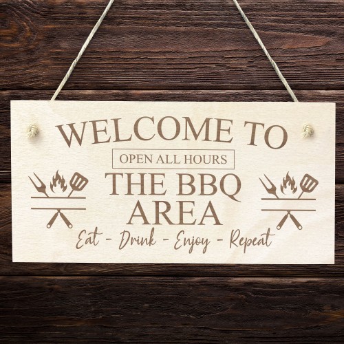 THE BBQ AREA Engraved Hanging Garden Shed Sign BBQ Sign