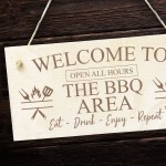 THE BBQ AREA Engraved Hanging Garden Shed Sign BBQ Sign