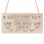 THE BBQ AREA Engraved Hanging Garden Shed Sign BBQ Sign