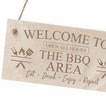 THE BBQ AREA Engraved Hanging Garden Shed Sign BBQ Sign