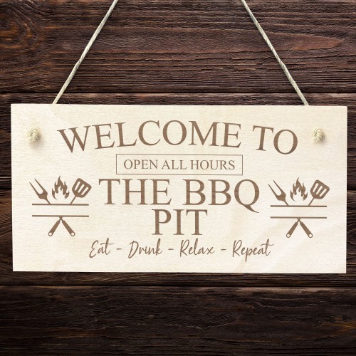THE BBQ PIT Engraved Hanging Garden Shed Sign BBQ Sign