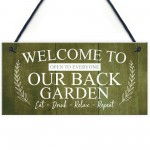 BACK GARDEN Sign Hanging Wall Shed Plaque Rustic Friendship Gift