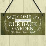 BACK GARDEN Sign Hanging Wall Shed Plaque Rustic Friendship Gift