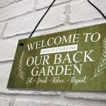 BACK GARDEN Sign Hanging Wall Shed Plaque Rustic Friendship Gift